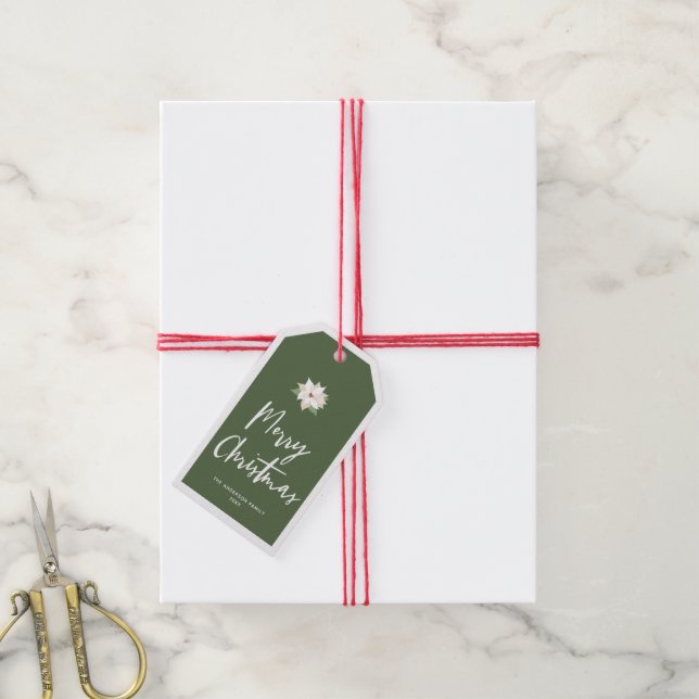 Étiquettes-cadeau Joyeux Noël blanc Poinsettia sur vert (Avec de la ficelle)