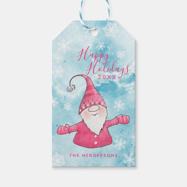 Étiquettes-cadeau Joyeux Noël bleu et rose Gnome (Devant)