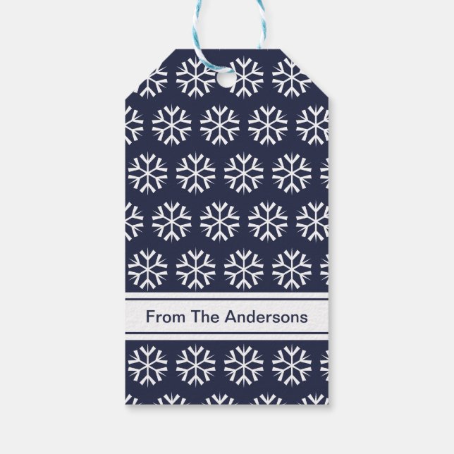 Étiquettes-cadeau Joyeux Noël Bleu Flèches de neige Nom Texte (Dos)