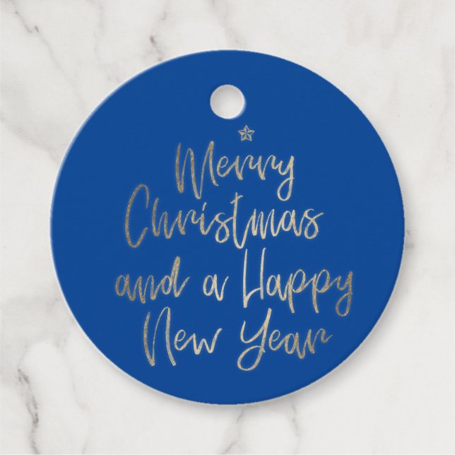 Étiquettes Cadeau Joyeux Noël bleu or personnalisé (Devant)