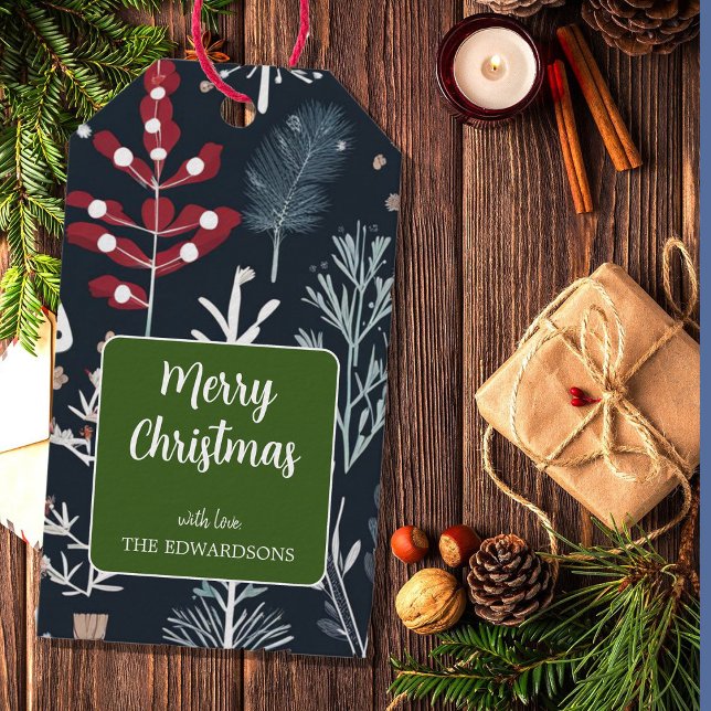 Étiquettes-cadeau Joyeux Noël botanique hiver (Merry Christmas, botanical winter foliage pattern, gift tags. You can add your own text and name.)