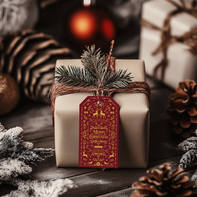 Étiquettes-cadeau Joyeux Noël Classique Fête Rouge (Merry Christmas Red & Yellow Classic Holiday Gift Tags)