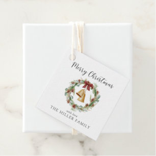 Étiquettes Cadeau Joyeux Noël, couronne de feuillage aux cloches dor