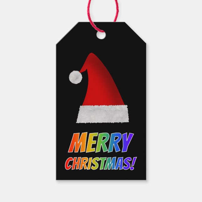 Étiquettes-cadeau "Joyeux NOËL !" dans Rainbow Text, Red Santa Hat (Devant)