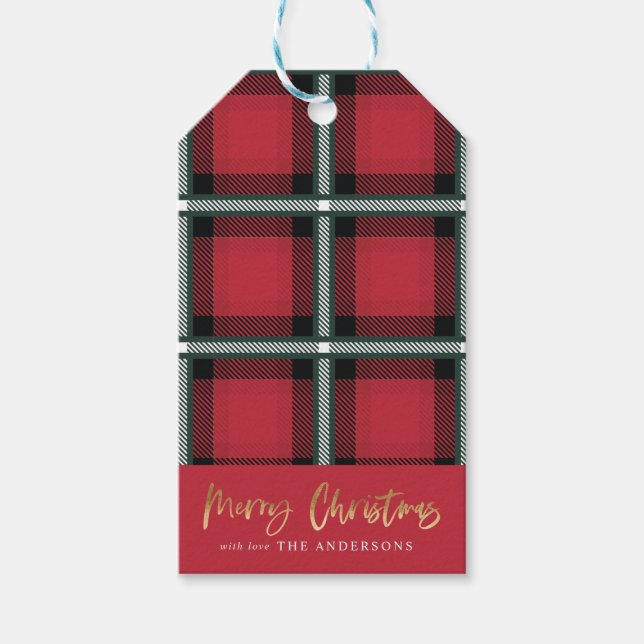 Étiquettes-cadeau Joyeux Noël de l'écriture or tartan rouge (Devant)