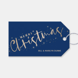 Étiquettes-cadeau Joyeux Noël écriture dorée sur fond bleu
