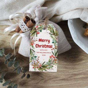Étiquettes-cadeau Joyeux Noël Elegant Aquarelle Wreath