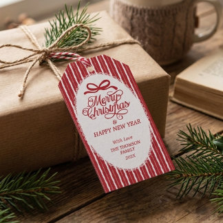 Étiquettes-cadeau Joyeux Noël élégant classique rayures rouges et bl
