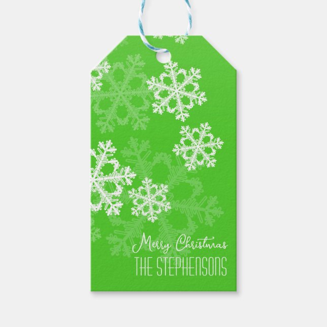 Étiquettes-cadeau Joyeux Noël élégant Green Snowflakes Motif (Devant)