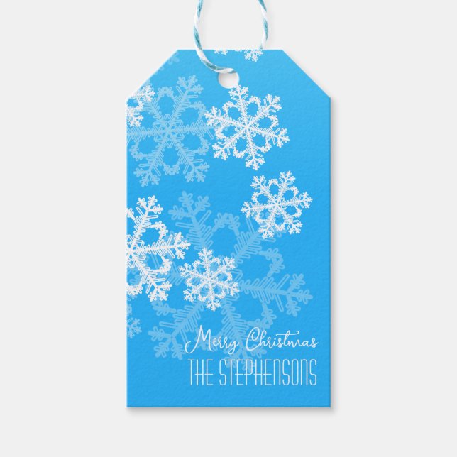 Étiquettes-cadeau Joyeux Noël élégant Motif Blue Snowflakes (Devant)