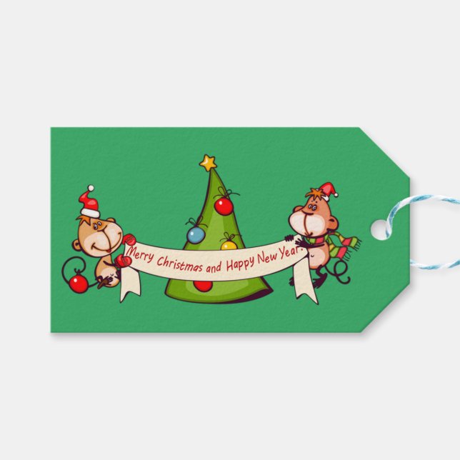 Étiquettes-cadeau Joyeux Noël Et Joyeux Singes Du Nouvel An (Devant (Horizontal))