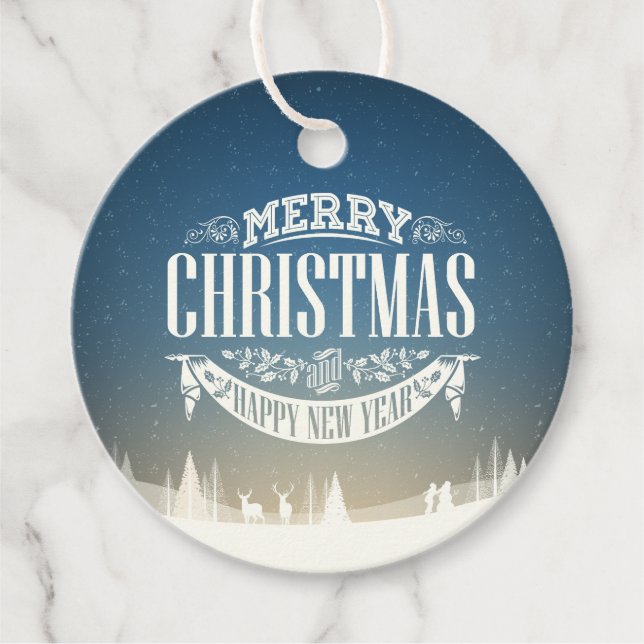 Étiquettes Cadeau Joyeux Noël et une joyeuse scène du Nouvel An (Devant)