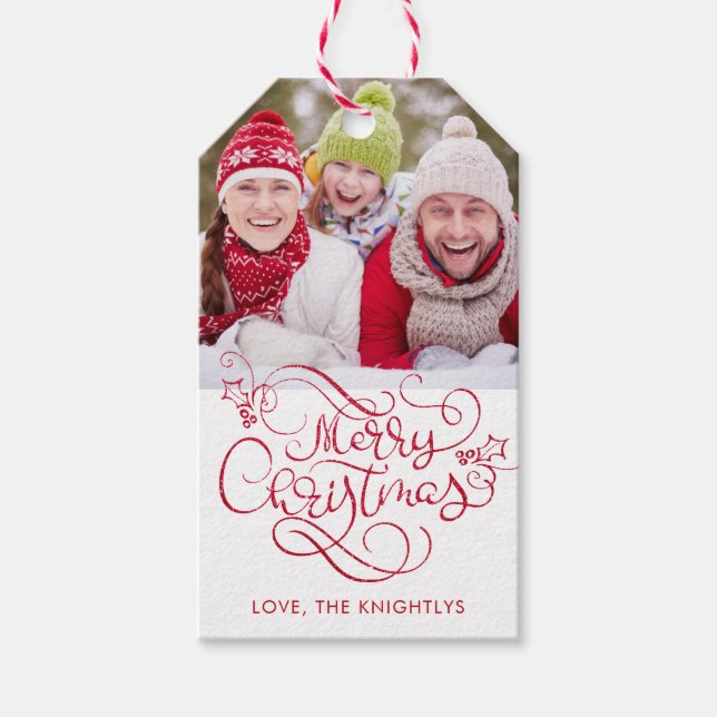 Étiquettes-cadeau Joyeux Noël Fancy Script Parties scintillant rouge (Devant)