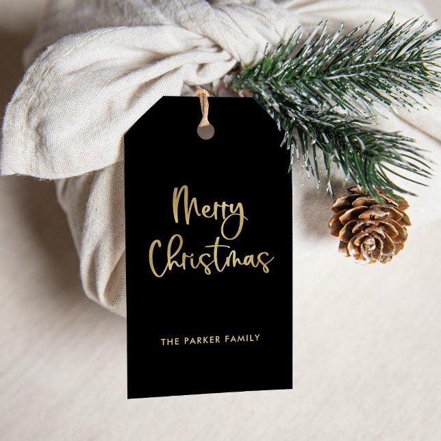 Étiquettes-cadeau Joyeux Noël | Faux Gold sur Black Décontracté Scri (An elegant black and faux gold Christmas gift tag)