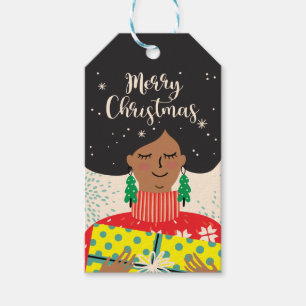 Étiquettes-cadeau Joyeux Noël, Femme noire, Chandail brillant
