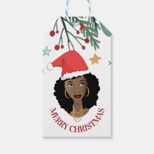 Étiquettes-cadeau Joyeux Noël, Femme noire, Chapeau de Père Noël Rou