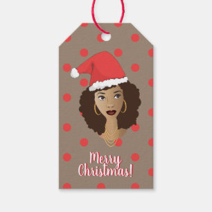 Étiquettes-cadeau Joyeux Noël! Femme noire, Santa Hat, Polka Dot