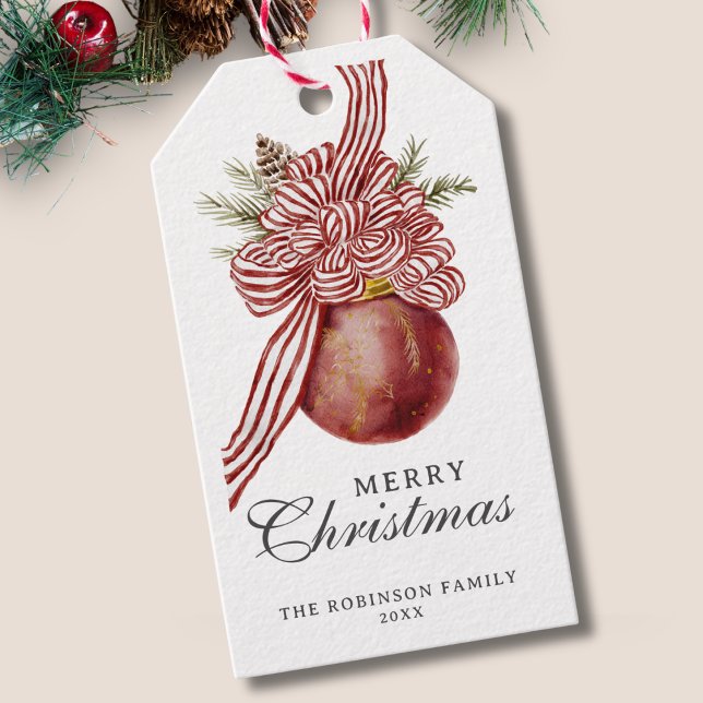 Étiquettes-cadeau Joyeux Noël Fête Rouge Ornement rayé (Créateur téléchargé)