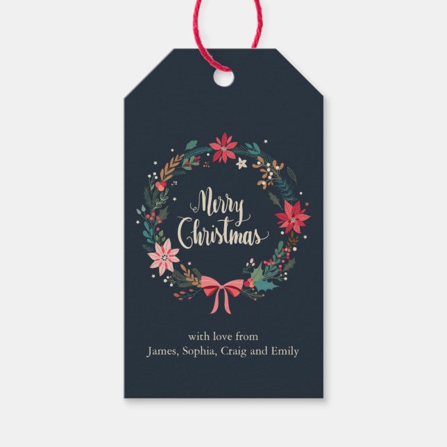 Étiquettes-cadeau Joyeux Noël Floral Wreath Personnalisé (Devant)