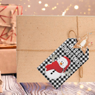 Étiquettes-cadeau Joyeux Noël Fun Snowman Dessin noir Plaid