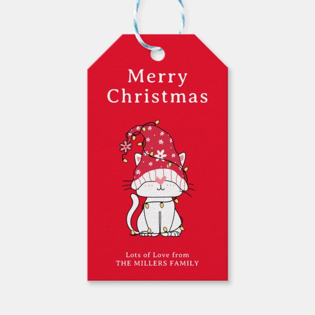 Étiquettes-cadeau Joyeux Noël Funny Mignonne Chat de Noël (Devant)