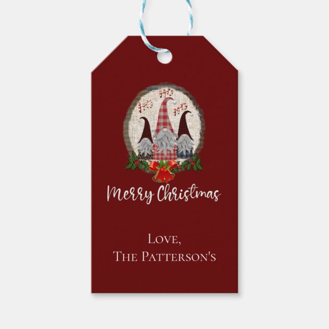 Étiquettes-cadeau Joyeux Noël Gnomes Rouge, Rustique, Plaid, Branché (Devant)