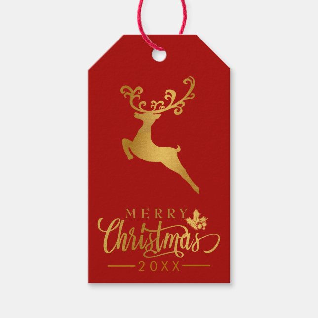 Étiquettes-cadeau Joyeux Noël Gold Parties scintillant Reindeer Red  (Devant)