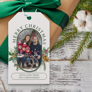 Étiquettes-cadeau Joyeux Noël Holly et Pine Family Photo