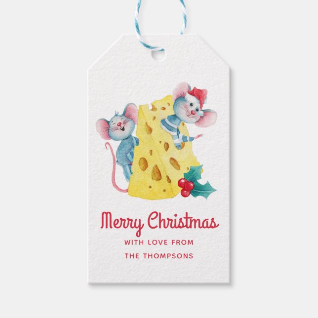 Étiquettes-cadeau Joyeux Noël Holly Fromage souris Personnalisé (Devant)