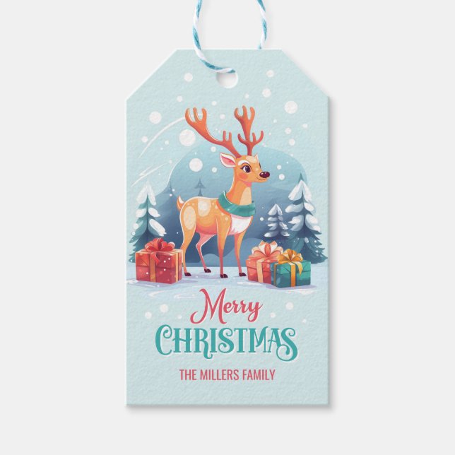 Étiquettes-cadeau Joyeux Noël mignon renne Arrière - plan neige (Devant)