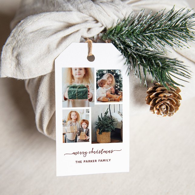 Étiquettes-cadeau Joyeux Noël | Modern Four Photo Collage (A modern four-photo grid gift tag that says "Merry Christmas")