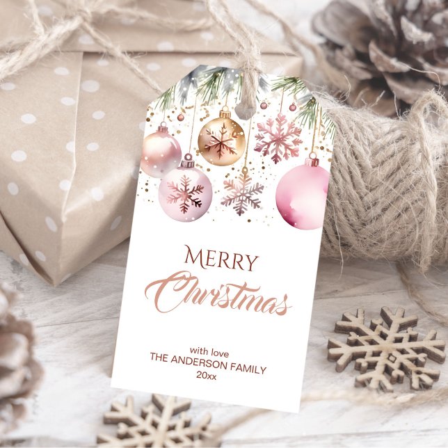 Étiquettes-cadeau Joyeux Noël moderne boho aquarelle métallique (Boho metallic rose gold silver Christmas baubles personalized gift tags)