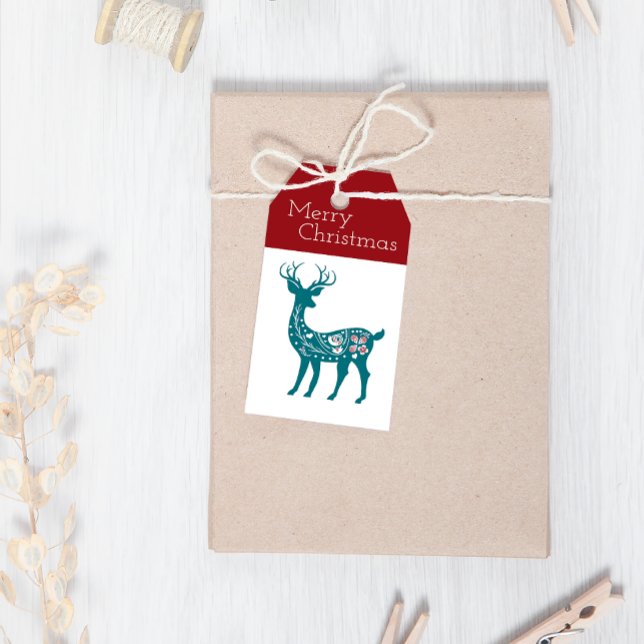 Étiquettes-cadeau Joyeux Noël moderne Rouge Bleu Reinder Noël (Créateur téléchargé)