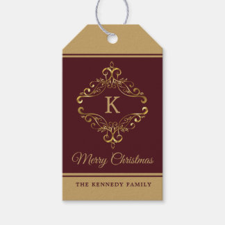 Étiquettes-cadeau Joyeux Noël Monogrammé Élégant Bourgogne Or