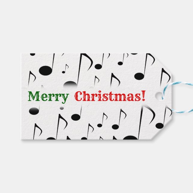 Étiquettes-cadeau "Joyeux Noël !" ; Motif de notes musicales (Devant (Horizontal))