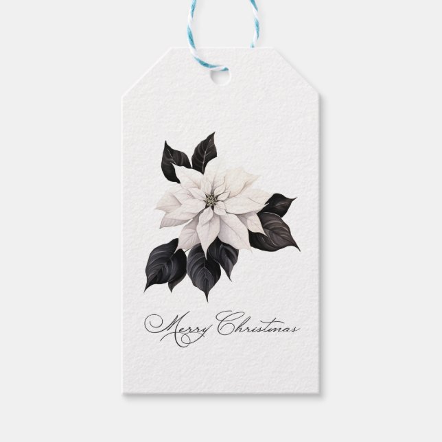 Étiquettes-cadeau Joyeux Noël noir et blanc Poinsettia (Devant)