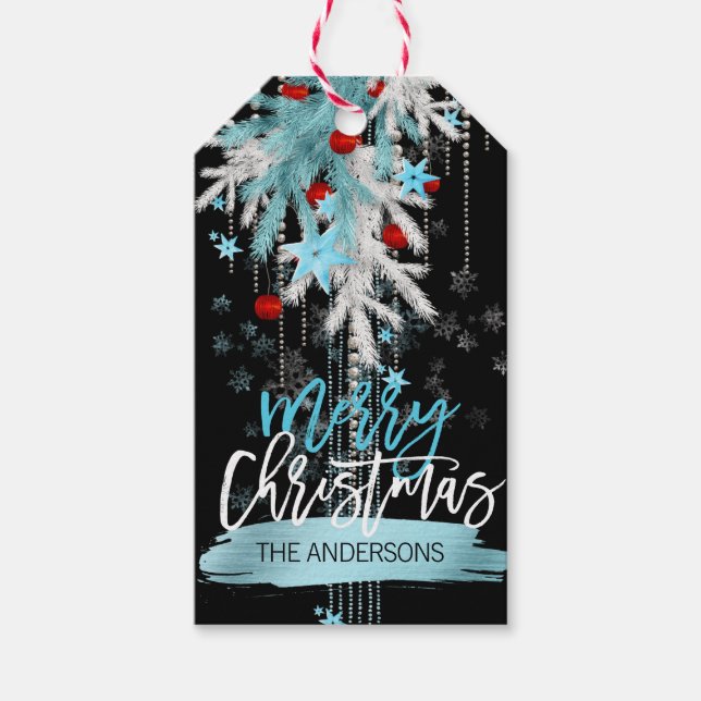 Étiquettes-cadeau Joyeux Noël Noir Rouge Argent Bleu Neige (Devant)