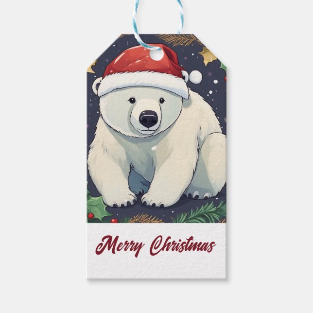 Étiquettes-cadeau Joyeux Noël Ours polaire blanc (Devant)