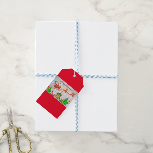 Étiquettes-cadeau Joyeux Noël Père Noël livre des cadeaux (Avec de laficelle)