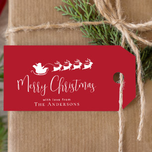 Étiquettes-cadeau Joyeux Noël Père Noël Sleigh Reindeer Rouge