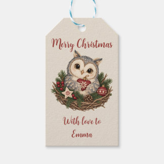 Étiquettes-cadeau Joyeux Noël personnalisé Chouette nordique pour en