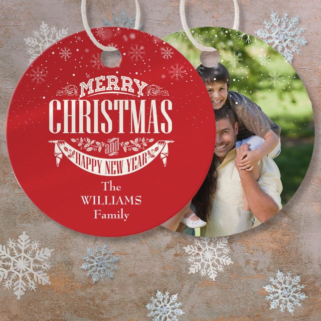 Étiquettes Cadeau Joyeux Noël personnalisé photo rouge (Personalized Merry Christmas Photo Red Favor Tags)