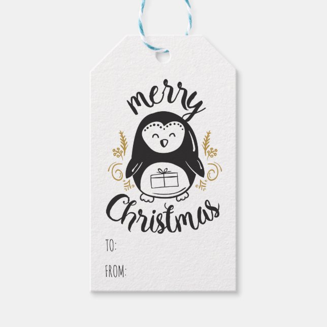 Étiquettes-cadeau Joyeux Noël Pingouin dessin Modèle de texte (Devant)