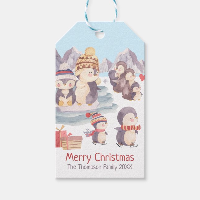 Étiquettes-cadeau Joyeux Noël Pingouin Famille Jouer La Neige (Devant)