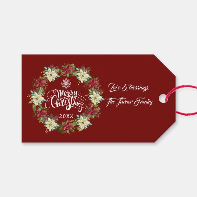 Étiquettes-cadeau Joyeux Noël Poinsettia Wreath Monogramme (Devant (Horizontal))