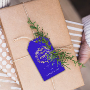 Étiquettes-cadeau Joyeux Noël Pour Nommer Wreath Royal Blue Gold