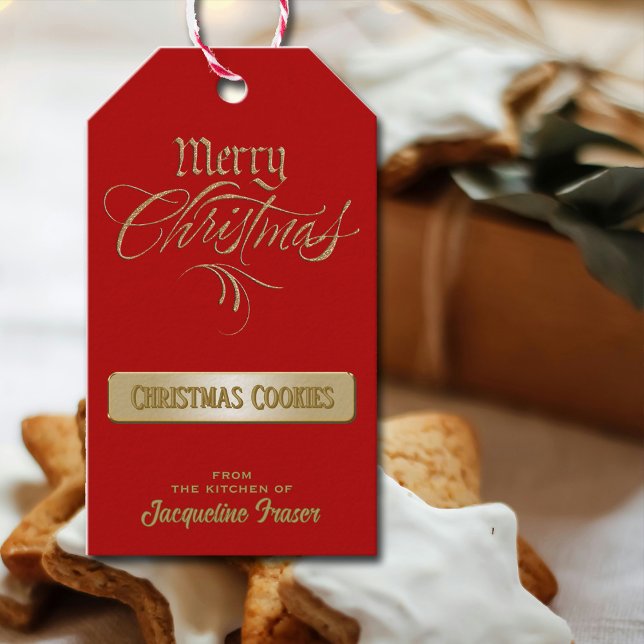 Étiquettes-cadeau Joyeux Noël Red Gold Cadeaux de la cuisine (Elegant Red and Gold tag for your holiday gifts from the kitchen. Beautiful typography.)