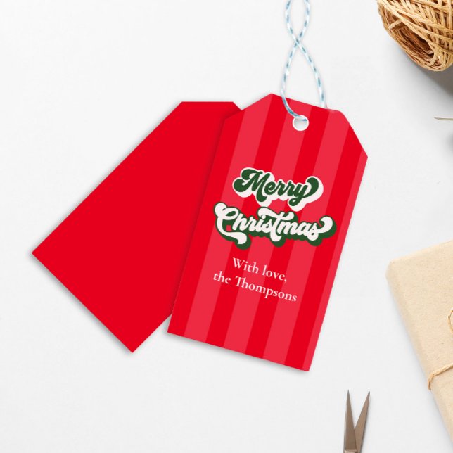 Étiquettes-cadeau Joyeux Noël Red Retro Typographie (Merry Christmas red and green retro typography script. )