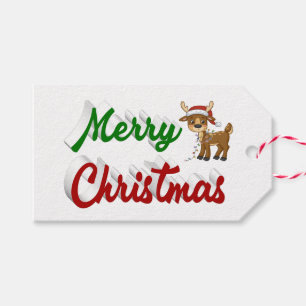 Étiquettes-cadeau Joyeux Noël Reindeer rouge vert script