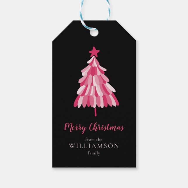Étiquettes-cadeau Joyeux Noël rose arbre moderne (Devant)